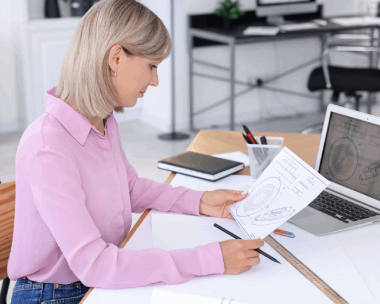 A linguist compares CAD drawings and notes, using Polish Translation Services in Illinois to translate technical documents.