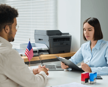 A translator applies a certification statement and seal to a USCIS translation, highlighting Translation Services in Skokie.